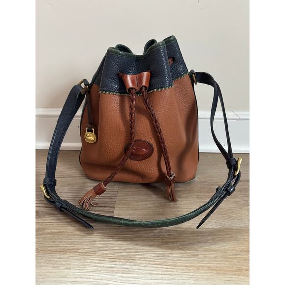 Dooney & Bourke All Weather Leather Drawstring Vintage Purse Tan Green Blue - Picture 2 of 12